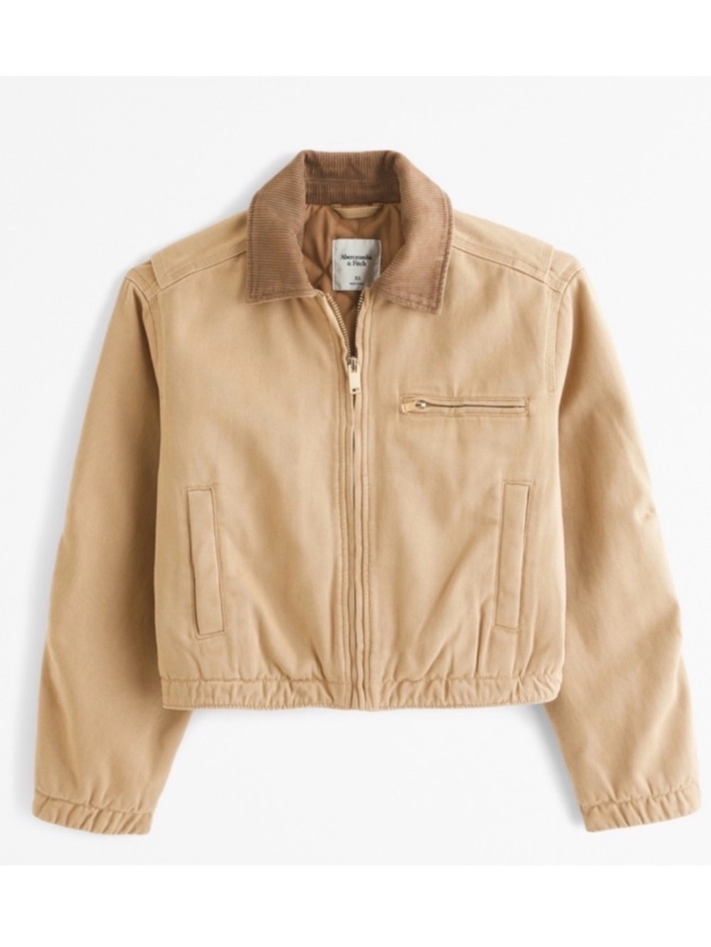Abercrombie & Fitch Tan Cropped Zip-Front Jacket with Brown Corduroy Collar